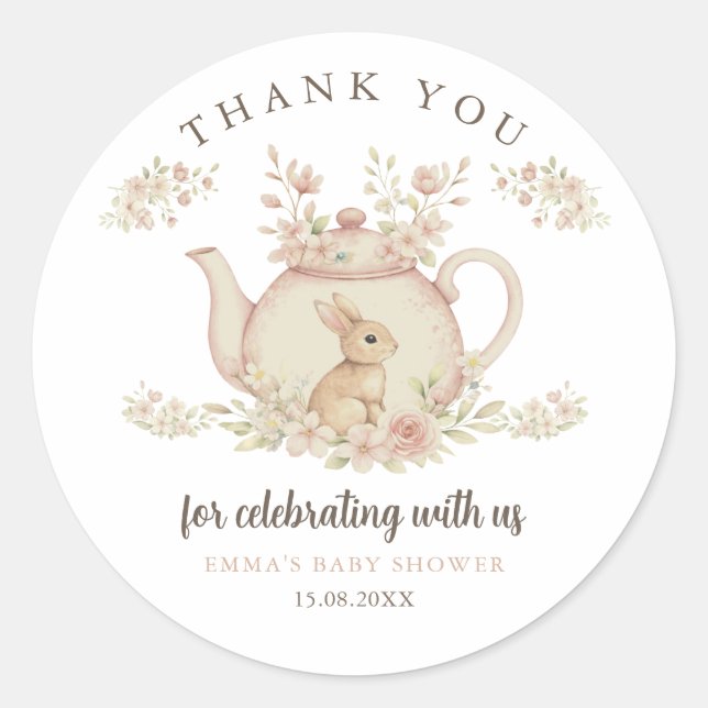 Pegatina Redonda Neutral Bunny Tea Party Baby Shower Thank You  (Anverso)