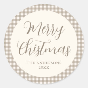 Pegatina Redonda Neutral Cuadros Feliz Navidad Letra Personalizada