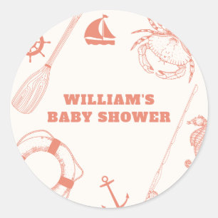 Pegatina Redonda Neutral Modern Nautical Fishing Boy Baby Shower