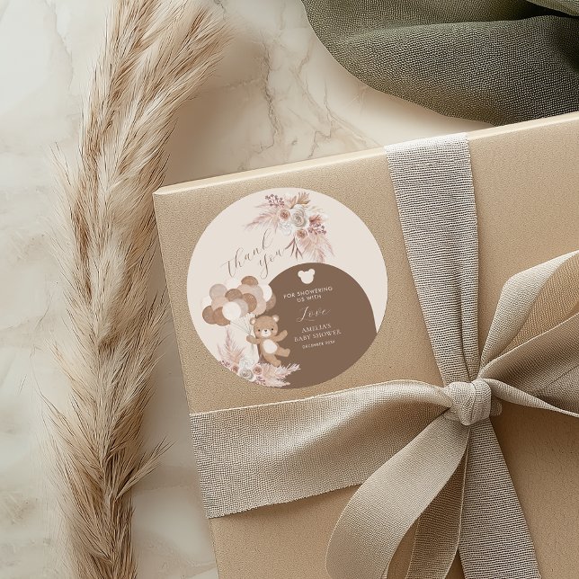 Pegatina Redonda Neutral Teddy Balloon Floral Baby Shower Thank You (Subido por el creador)