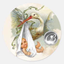 PEGATINA REDONDA NEUTRAL WHITE STORK BABY SHOWER GEMSTONE MONOGRAM