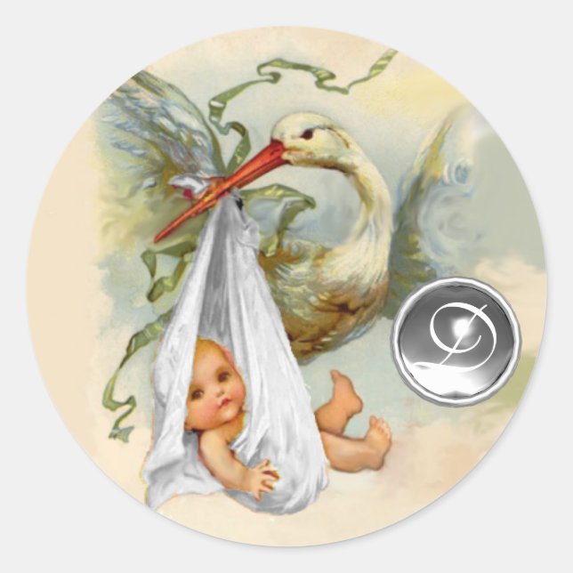 PEGATINA REDONDA NEUTRAL WHITE STORK BABY SHOWER GEMSTONE MONOGRAM (Anverso)