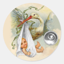 PEGATINA REDONDA NEUTRAL WHITE STORK BABY SHOWER GEMSTONE MONOGRAM