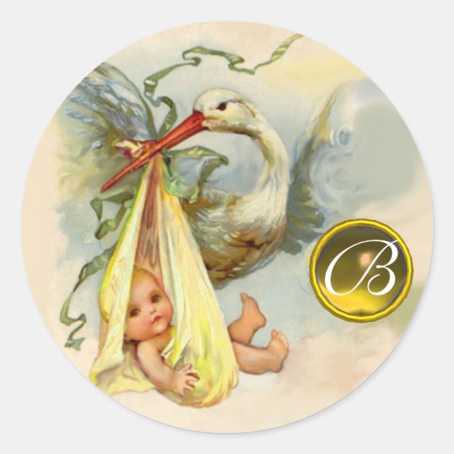 PEGATINA REDONDA NEUTRAL YELLOW STORK BABY SHOWER GEMSTONE MONOGRAM (Anverso)