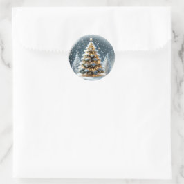 Pegatina Redonda Nevada con árbol de Navidad en nieve