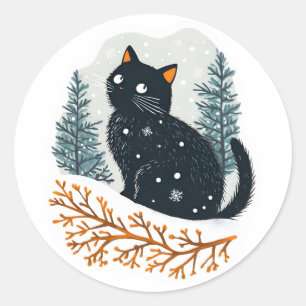 Pegatina Redonda Nevada de invierno acogedora para gato negro