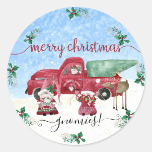 Pegatina Redonda Nevando Feliz Navidad Gnome Tree Farm Watercolor