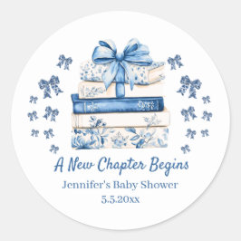 Pegatina Redonda new chapter begins,blue bow books baby shower cute