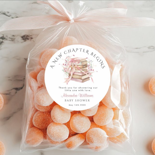 Pegatina Redonda New Chapter Begins Pink Baby Shower Shower Sticker (A new chapter begins Pink coquette Bow Baby Shower Thank you stickers)