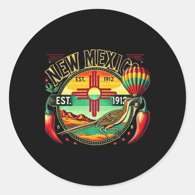 Pegatina Redonda New Mexico Zia Symbol, Roadrunner &amp; Chile Pepp (Anverso)
