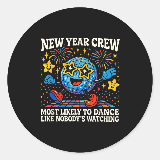 Pegatina Redonda New Year Crew Most Likely To Dance Retro Party  (Anverso)