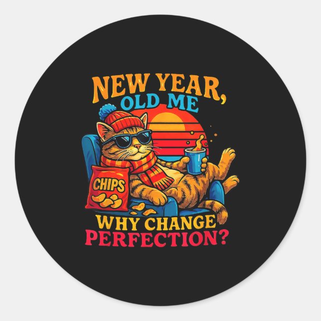 Pegatina Redonda New Year Old Me Funny Cat Retro Lazy Meme Gift  (Anverso)