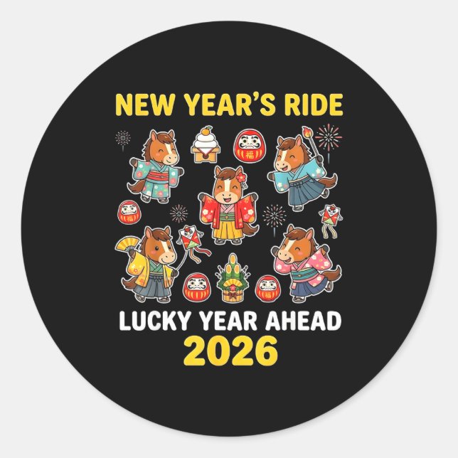 Pegatina Redonda New Year’s Ride 2026 Cute Zodiac Celebration Graph (Anverso)