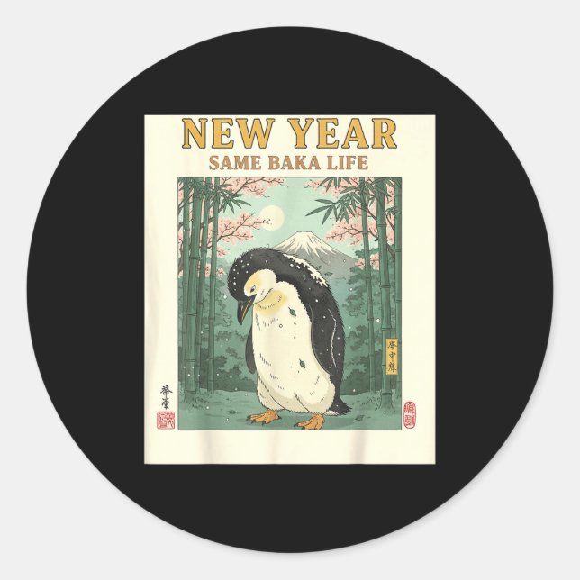 Pegatina Redonda New Year Same Baka Life Penguin New Year 2026 Reso (Anverso)