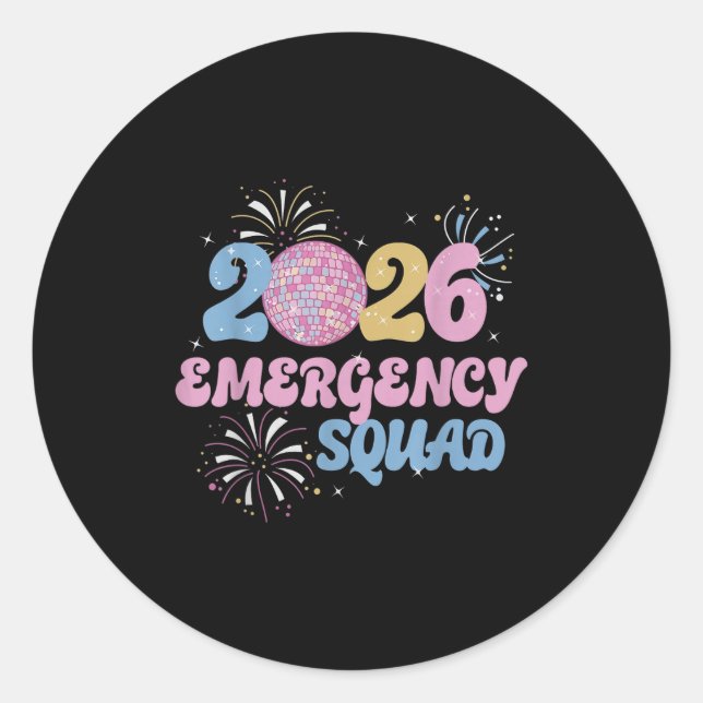 Pegatina Redonda New Years 2026 Eve Emergency Squad Disco Ball Fire (Anverso)