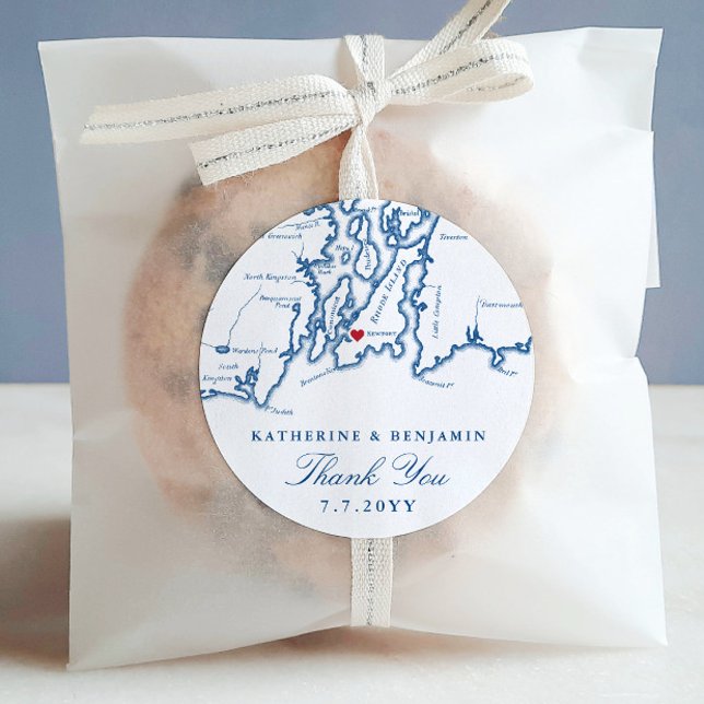 Pegatina Redonda Newport Rhode Island Map Navy Wedding Favor (These round Newport, RI stickers are perfect for packaging your Rhode Island wedding favors)