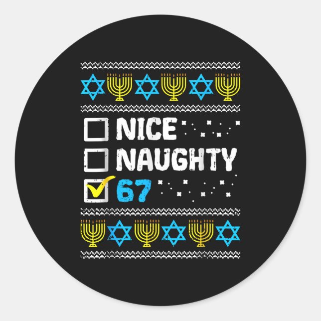 Pegatina Redonda Nice Naughty 67 Six Seven Ugly Hanukkah Sweater Ch (Anverso)