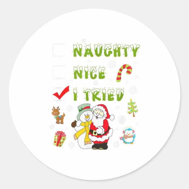 Pegatina Redonda Nice Naughty I Tried Merry Christmas Shirt_1  (Anverso)