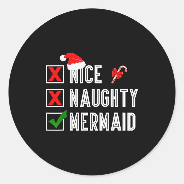 Pegatina Redonda Nice Naughty Mermaid Merry Christmas Santa Claus X (Anverso)