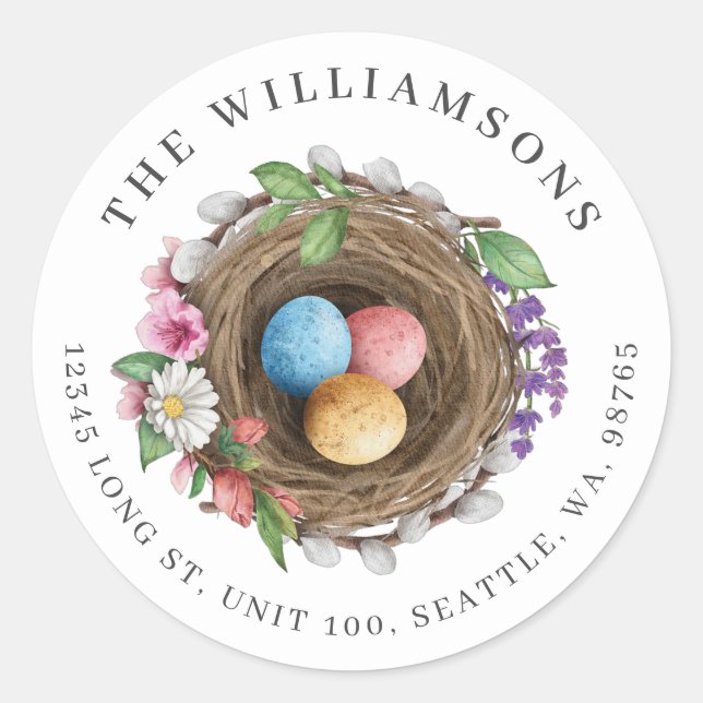 Pegatina Redonda Nido de pájaro floral de primavera y huevos pintad (Anverso)