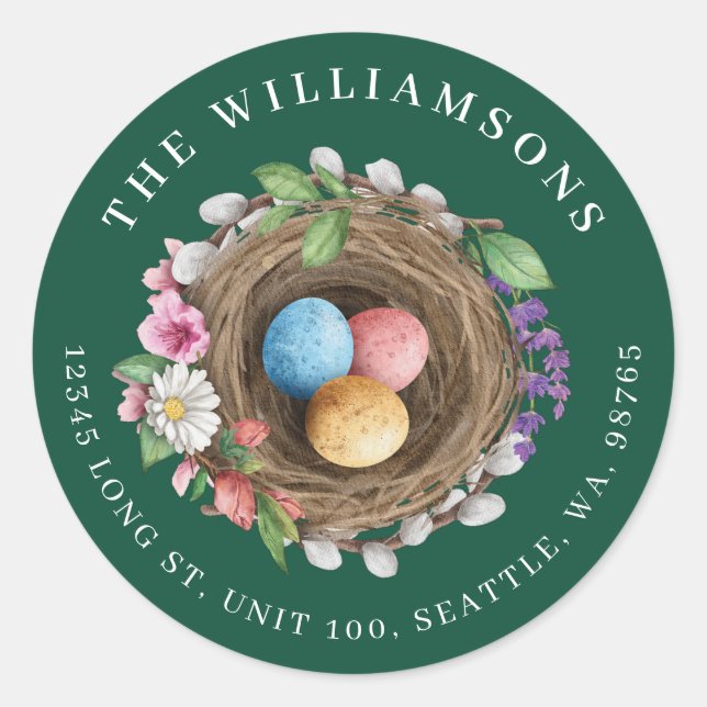 Pegatina Redonda Nido de pájaro floral de primavera y verde huevo p (Anverso)