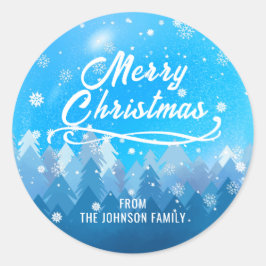 Pegatina Redonda Nieve blanca azul Selva Pacífica Feliz Navidad