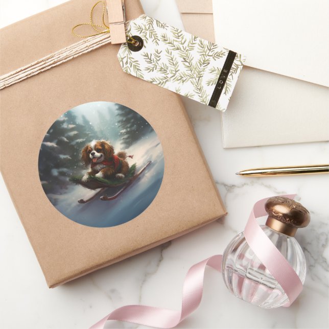 Pegatina Redonda Nieve de los Navidades Cavalier King Charles Spani (Regalar)