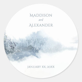 Pegatina Redonda Nieve en caída azul y Boda blanco