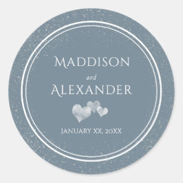 Pegatina Redonda Nieve en caída, Boda azul y blanco