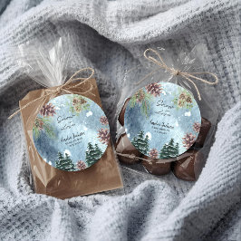 Pegatina Redonda Nieve enamorada pinos nevados ducha de novia de in