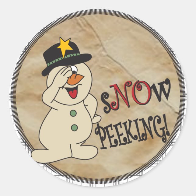 Pegatina Redonda Nieve Peeking Snowman (Anverso)