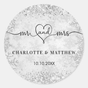 Pegatina Redonda Nieve plateada mr mrs elegante boda de invierno
