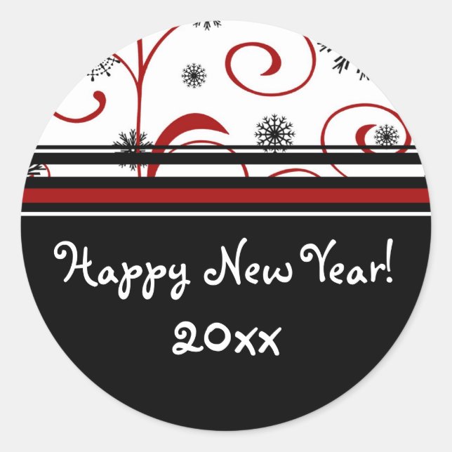 Pegatina Redonda Nieve y Nieve Feliz Año Nuevo Pegatinas (Anverso)