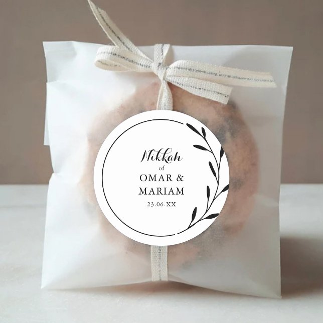 Pegatina Redonda Nikkah Elegant Black White Botanical Wedding Favor (Subido por el creador)