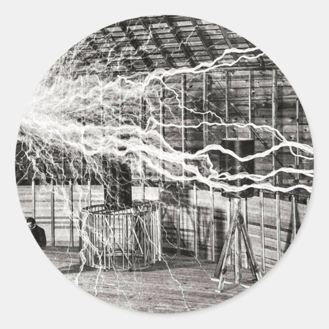 Pegatina Redonda Nikola Tesla Electricidad (Anverso)