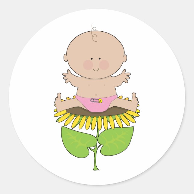 Pegatina Redonda Niña bebé de girasol (Anverso)
