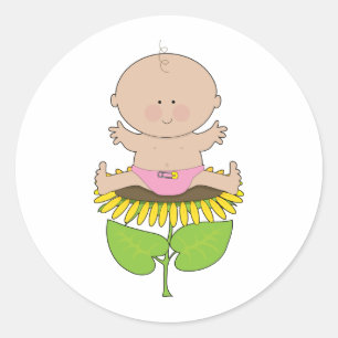Pegatina Redonda Niña bebé de girasol