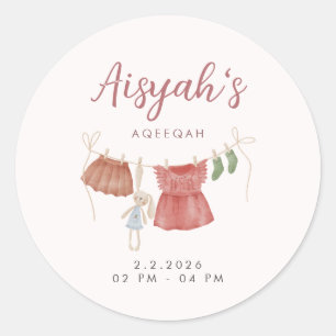 Pegatina Redonda Niña Bebé Rosa Acuarela Aqeeqah Clásico