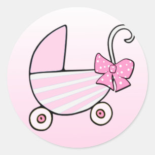 Pegatina Redonda Niña Bebé Rosa Buggy