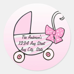 Pegatina Redonda Niña Bebé Rosa Buggy