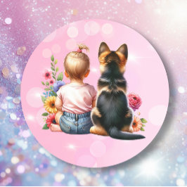 Pegatina Redonda Niña bebé y su cachorro | Baby Shower