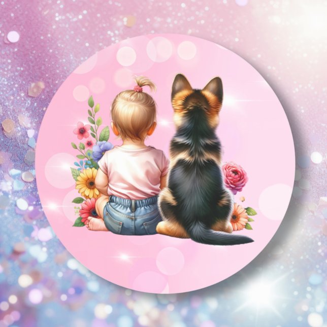 Pegatina Redonda Niña bebé y su cachorro | Baby Shower (Subido por el creador)