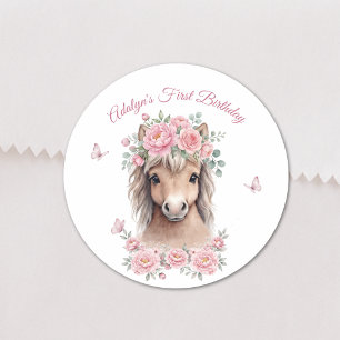 Pegatina Redonda Niña Bonita Cumpleaños Caballo Floral Rosa Primer 