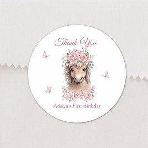 Pegatina Redonda Niña Bonita Cumpleaños de Caballo Floral Rosa Prim