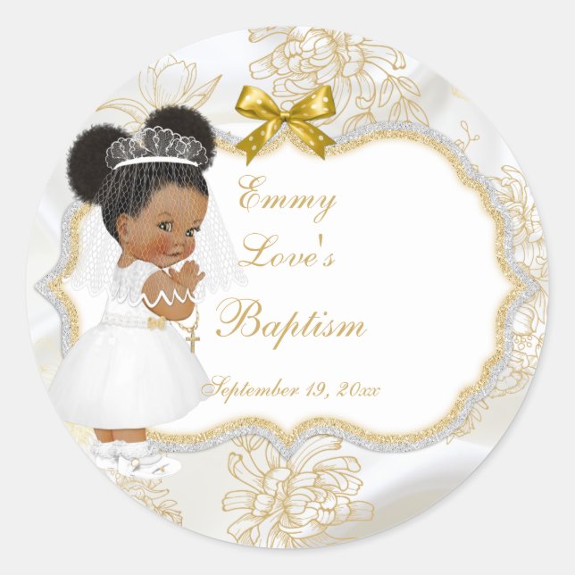 Pegatina Redonda Niña Comunión Bautismo Cruz de Oro Étnica (Anverso)