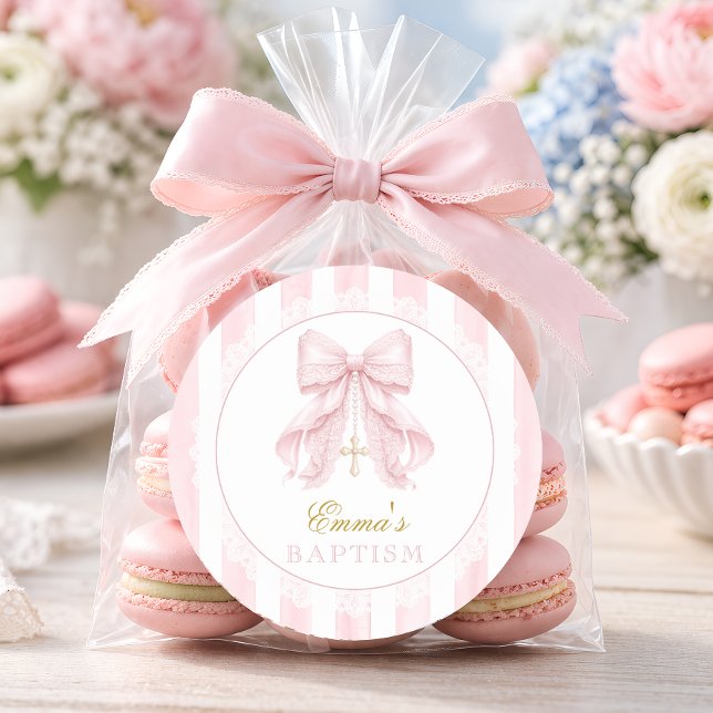 Pegatina Redonda Niña con lazo rosa Bautizo (Subido por el creador)