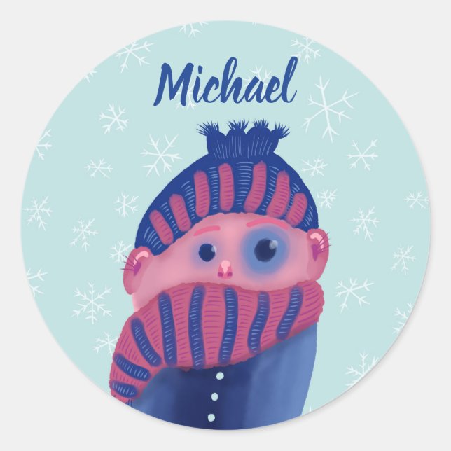 Pegatina Redonda Niña Congelación Con Gorra Y Scarf En Invierno (Anverso)