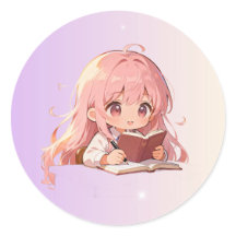 Niña de dibujos animados linda escribiendo en un l