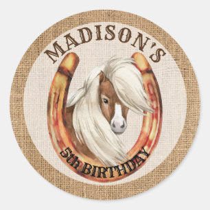 Pegatina Redonda Niña de pony cumpleaños con fiesta de vaqueros