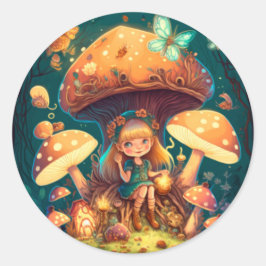 Pegatina Redonda Niña eleva entre hongos